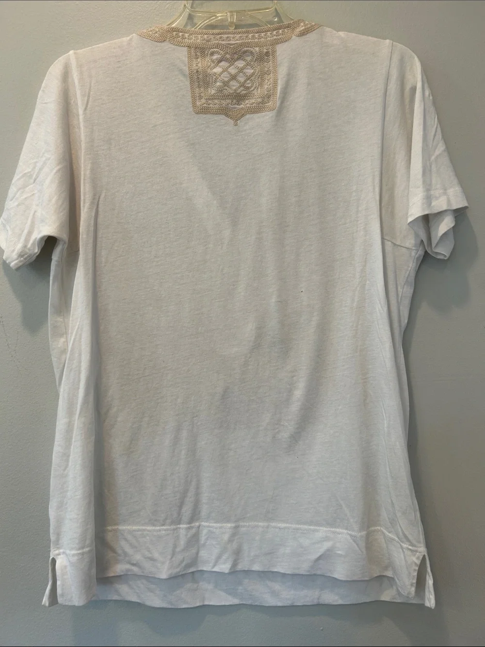Tory Burch White Short-Sleeve V-Neck Shirt with Beige Embroidered Panel